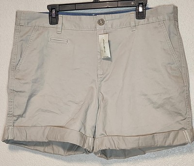  Eddie Bauer Womens Legend Wash Tan Flat Front Shorts Size 16