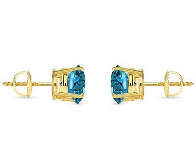 Pre-owned Shine Brite With A Diamond 4.50 Ct Round Cut Blue Earrings Studs Solid 18k Yellow Gold Screw Back Basket