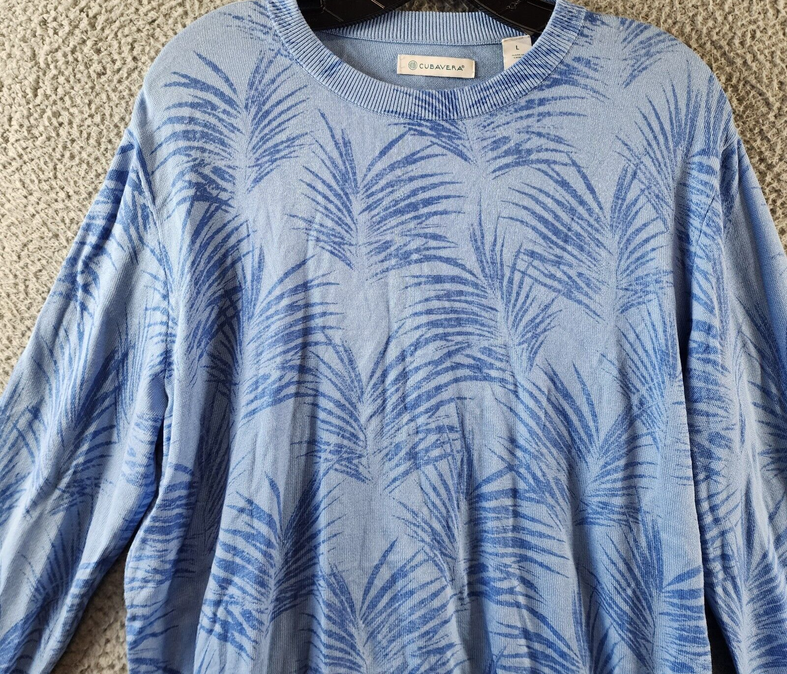 Cubavera Palm Print Crewneck Jacquard Sweater Men's L Della Robin Blue Pullover - Picture 4 of 14