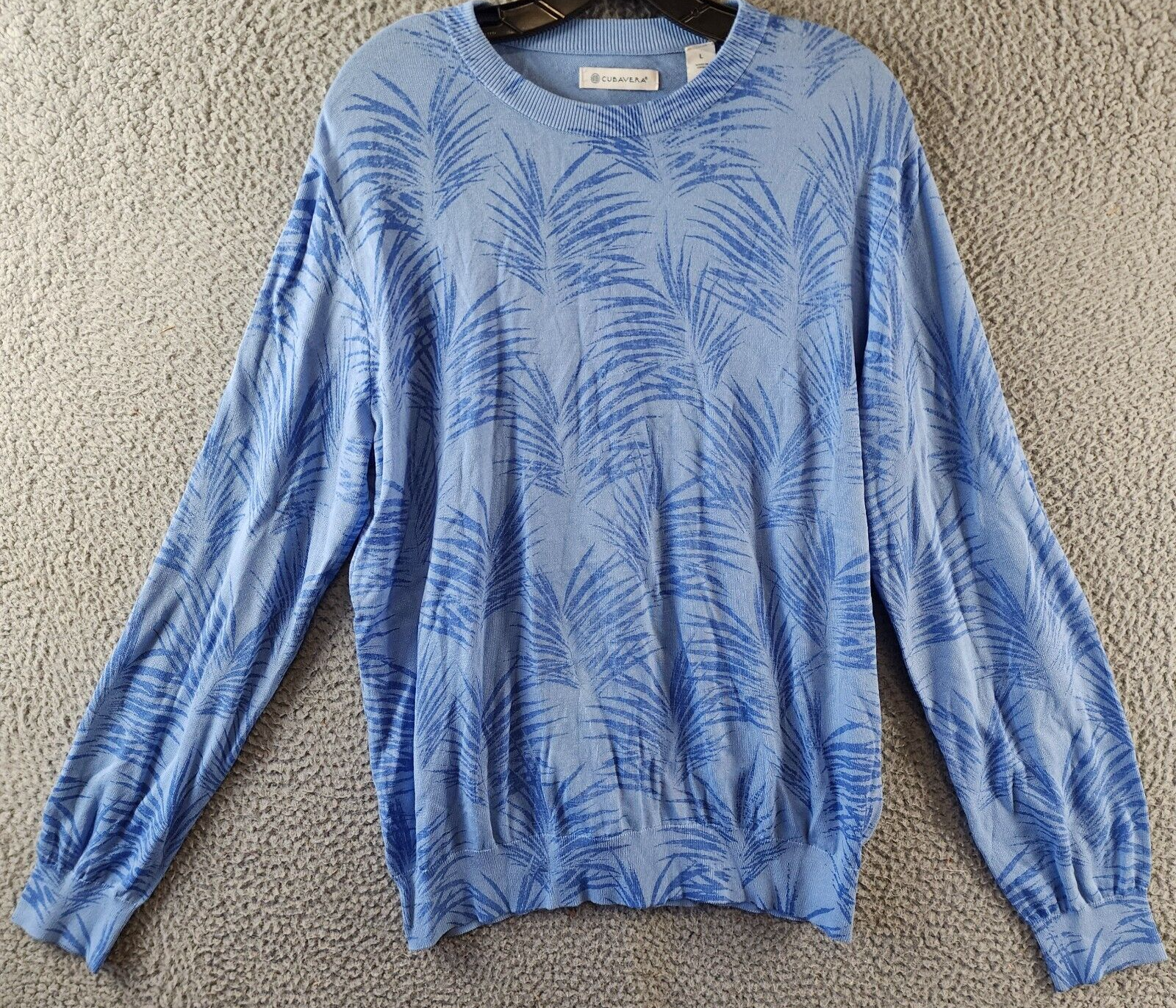 Cubavera Palm Print Crewneck Jacquard Sweater Men's L Della Robin Blue Pullover - Picture 2 of 14