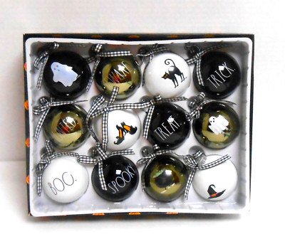 Rae Dunn Halloween Set of 12 Ball Black, White, Grey Glass Ornaments