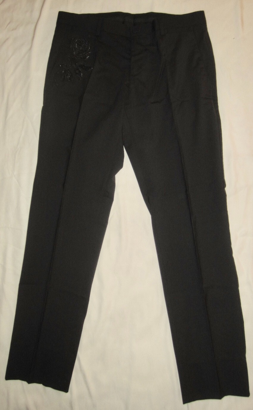 DOLCE & GABBANA Black Wool Dress Pants with Beaded Rose