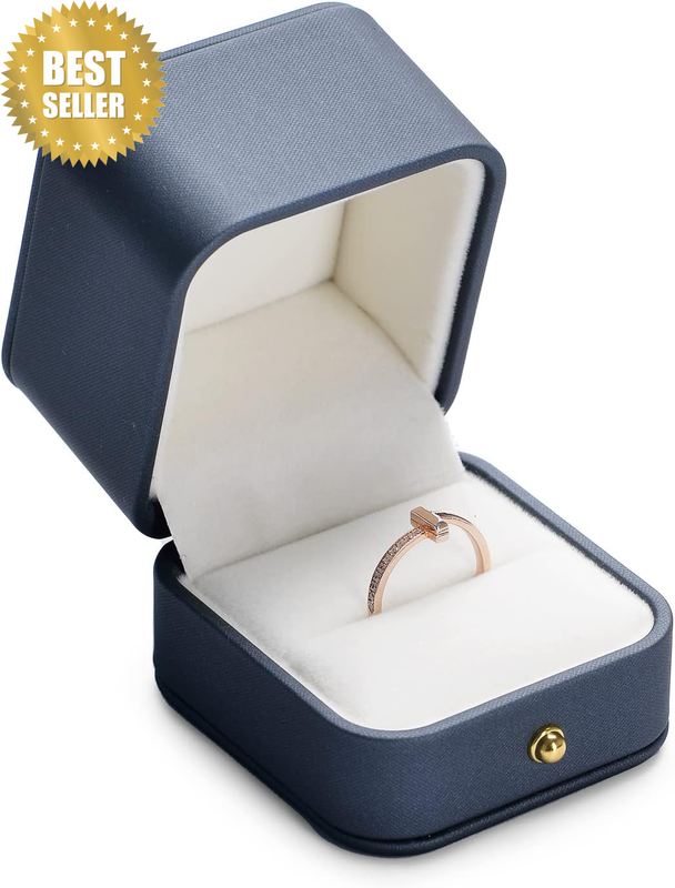 Luxury Steel-Blue Ring Box Premium Leather Ring Gift Box for Wedding,Proposal Ri