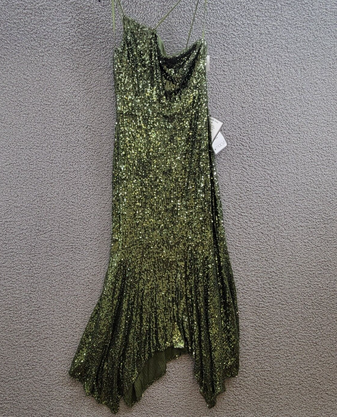 XSCAPE Asymmetric-Neck One-Strap Sequin Dress Women's 8 Olive Back Zip Closure - Picture 2 of 16