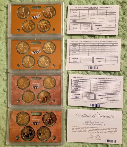 2007 2008 2009 2010 Proof Presidential Dollar Coin Sets with Boxes and COA #195