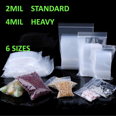 100 Plastic Bags Zip Seal 2-4-6Mil Thick Reclosable Top Lock Zipper Small Large