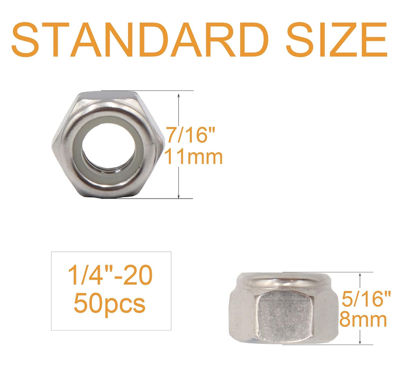 50pcs 1/4-20 Nylon Inserted Self Locking Nuts 304 Stainless Steel