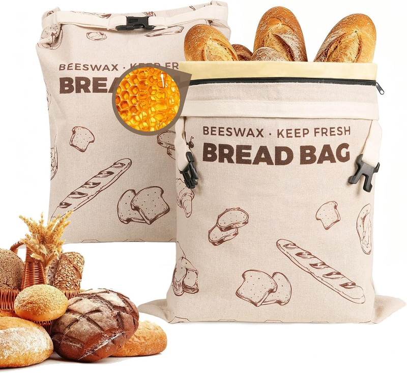 Beeswax Bread Bags for Homemade Sourdough, Zipper Reusable Linen Food Storage Ba