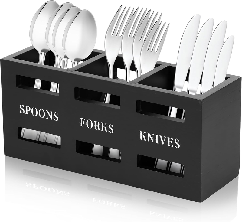 Wood Utensil Caddy Large Capacity Kitchen Flatware Caddy Cutlery Caddy with 3 Co