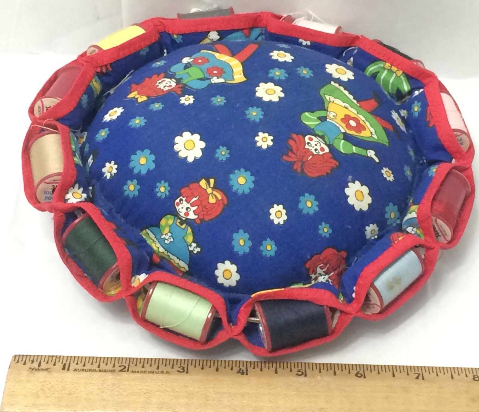 vintage 8 inch rag doll pattern cloth pin cushion red plastic thread spool caddy