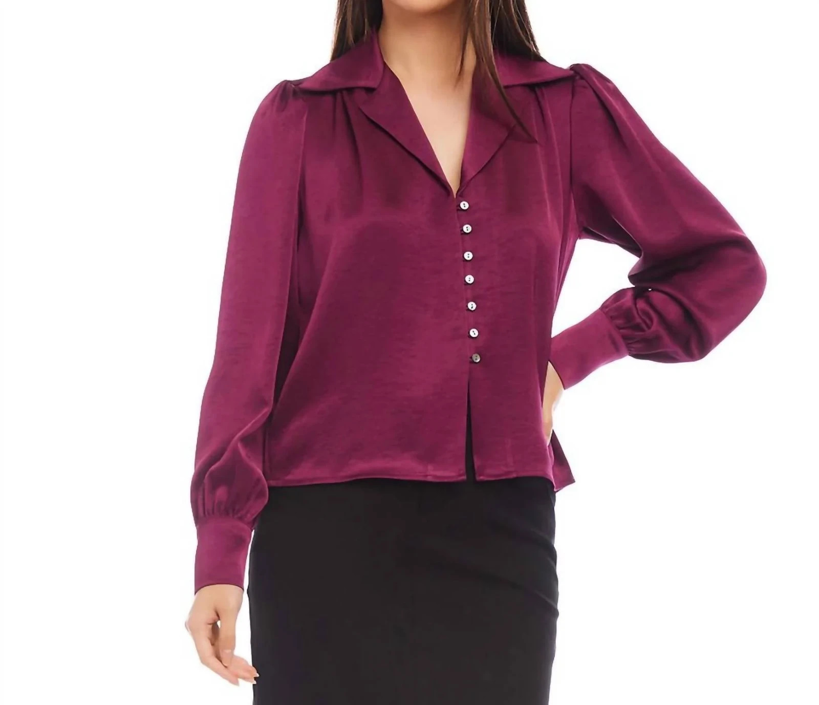Karen Kane Shirred Blouse Women's L Wine Solid Collared Long Sleeve Button Front - Picture 1 of 16
