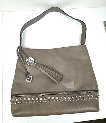 Brighton Women s Gray Pebbled Leather Silver Studded Hobo Shoulder Handbag
