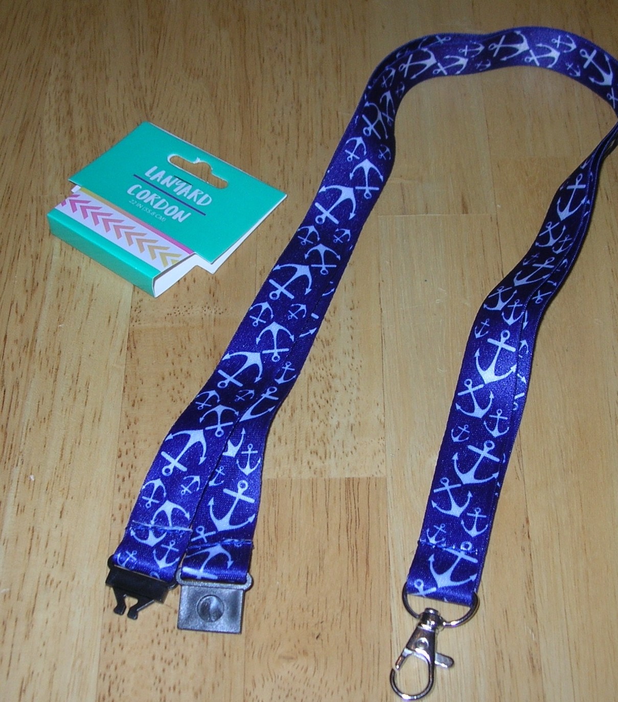 Lanyard Key Chain ID Badge w/ Break Away Buckle Anchor Nautical Print Blue White
