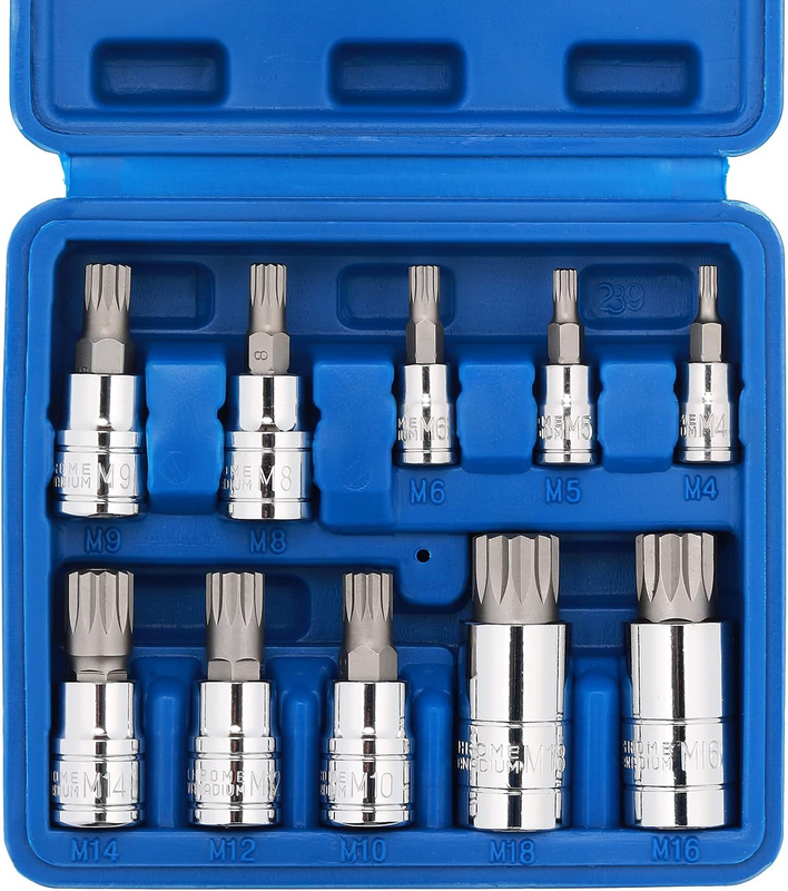 10PCS 1/4-Inch, 3/8-Inch & 1/2-Inch Drive XZN Triple Square Spline Bit Socket Se