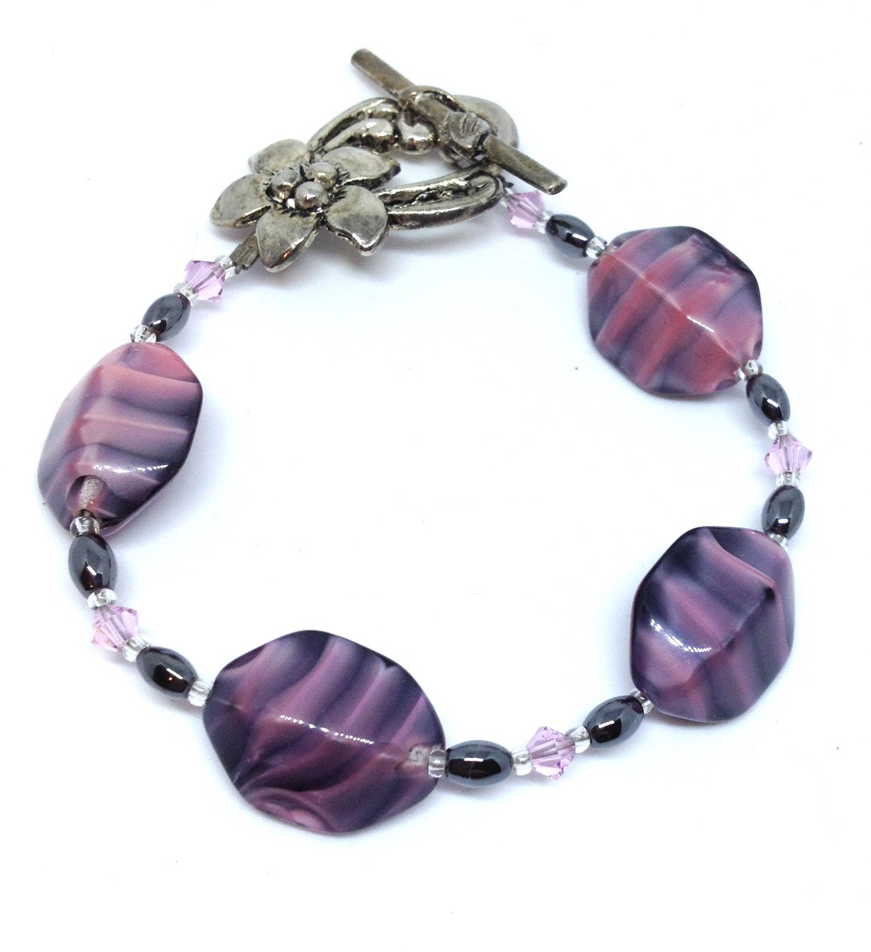 Pink Stripe Beaded Bracelet, Handmade Beaded, Hematite & Crystals, Toggle Clasp