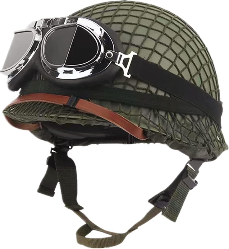 Outdoor Green WW2 US M1 Helmet with Goggles, Steel Field Net Cover Cat Eye Belt