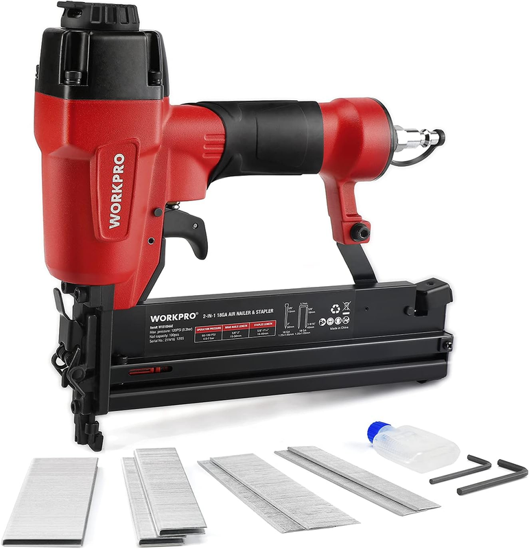 WORKPRO Pneumatic Brad Nailer, 18 GA, 2 in 1 Nail Gun and Crown Stapler, with 40
