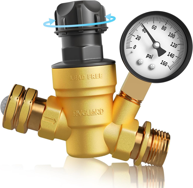 RV Water Pressure Regulator Valve With An Adjustable Knob, NO Tool Required, Bra