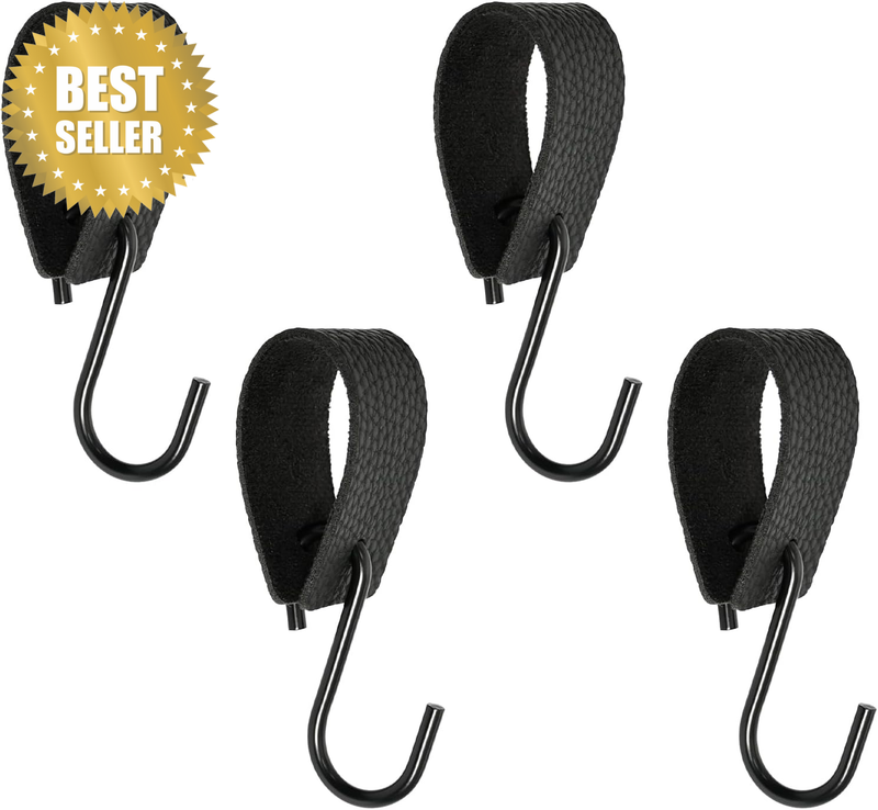 S Shaped Hooks, 4 Pack S Hooks Small for Hanging, Black Leather Loop with Metal