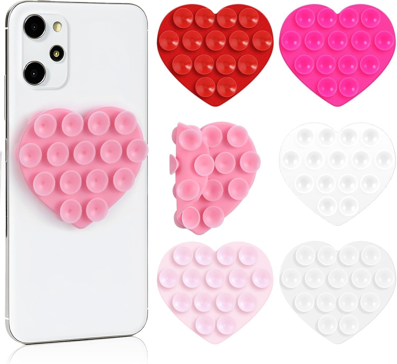 6 Pcs Heart Silicone Suction Phone Case Mount, Double Sided Grip Phone Multi Pur