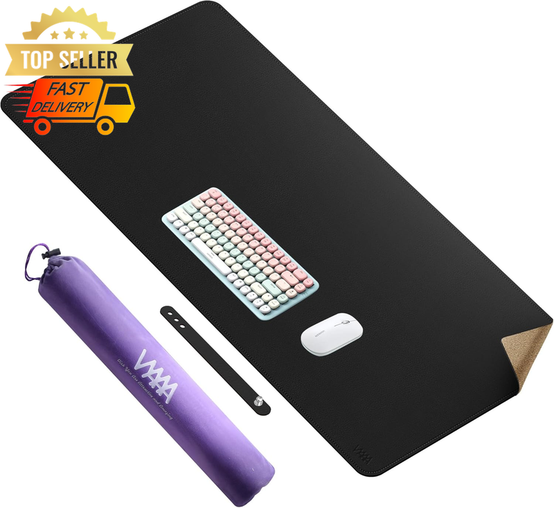 Cork & Leather Desk Mat 100x40cm, Dual-Sided Waterproof Large Mouse Pad, Black