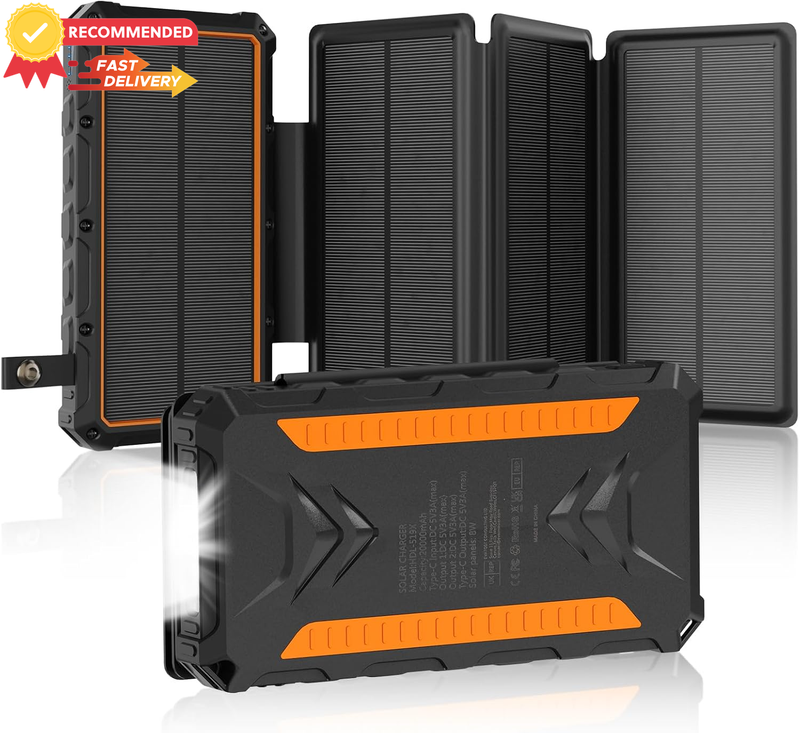 20000mAh Solar Power Bank, Dual 3A Fast Charging, 4 Solar Panels (Orange)