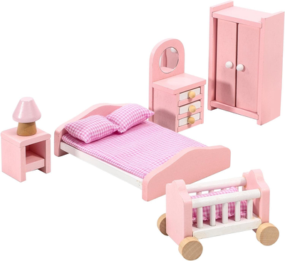 SOKA Wooden Pink Bedroom Playset Pretend Play Doll House Furniture