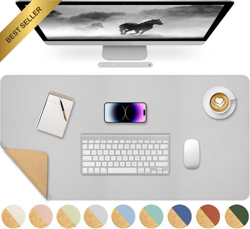 Dual-Sided Leather Desk Mat 80x40cm Cork PU Grey Pad Blotter Gaming