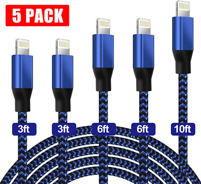 5PACK 3-10FT Heavy Duty Braided USB Charger Cable Cord For iPhone 13 12 11 X 8 7