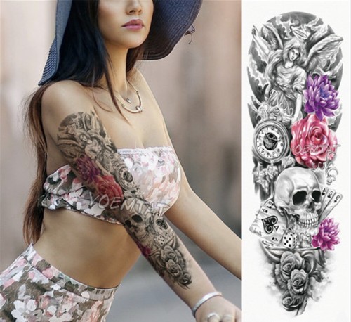 Xxl Temporares Tattoo Riesig Skull Schadel Rose Blumen Einmal Tattoo Full Arm Ebay