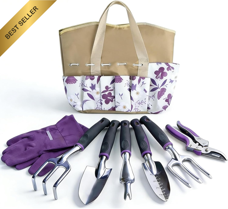 8 Piece Garden Tools Set, Heavy Duty Gardening Tools with Non-Slip Rubber Handle