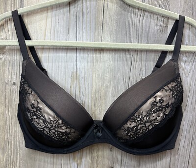 Adore Me 34DD Bra Black Push Up Plunge Lace Trim Underwire