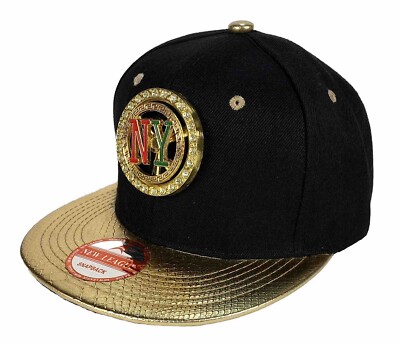 NY Spinning Gold Metal Logo New York 3D Flat Bill Snap Back Ball Cap Adjustable