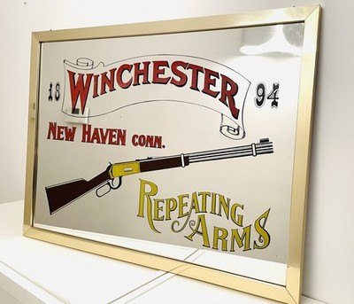 ✅ Grande XL Specchio Pubblicitario Anni 70 Fucili WINCHESTER cornice in ottone