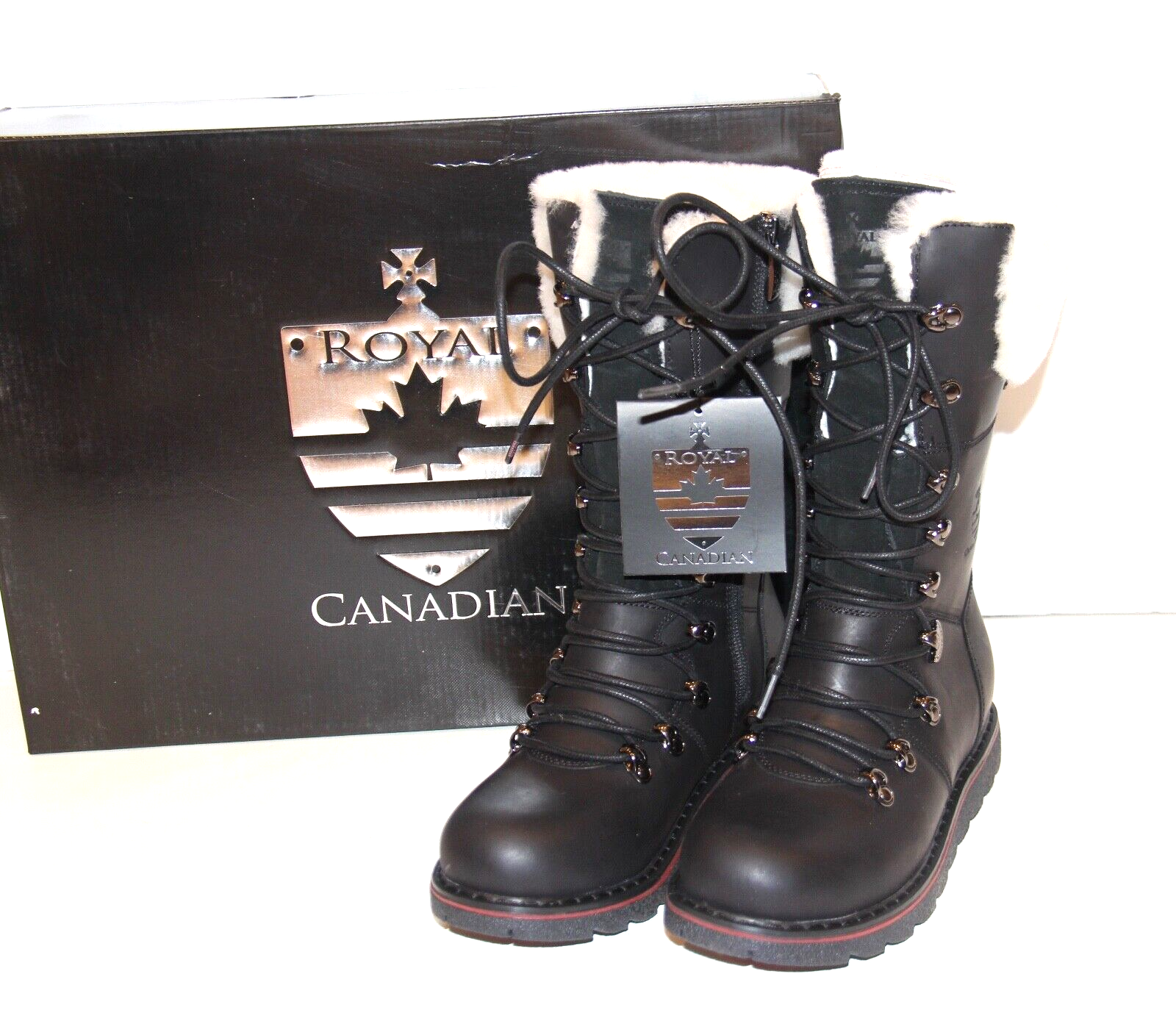 Pre-owned Royal Canadian Castlegar Leather Shearling Cuff Boot Women's Size 7 Black