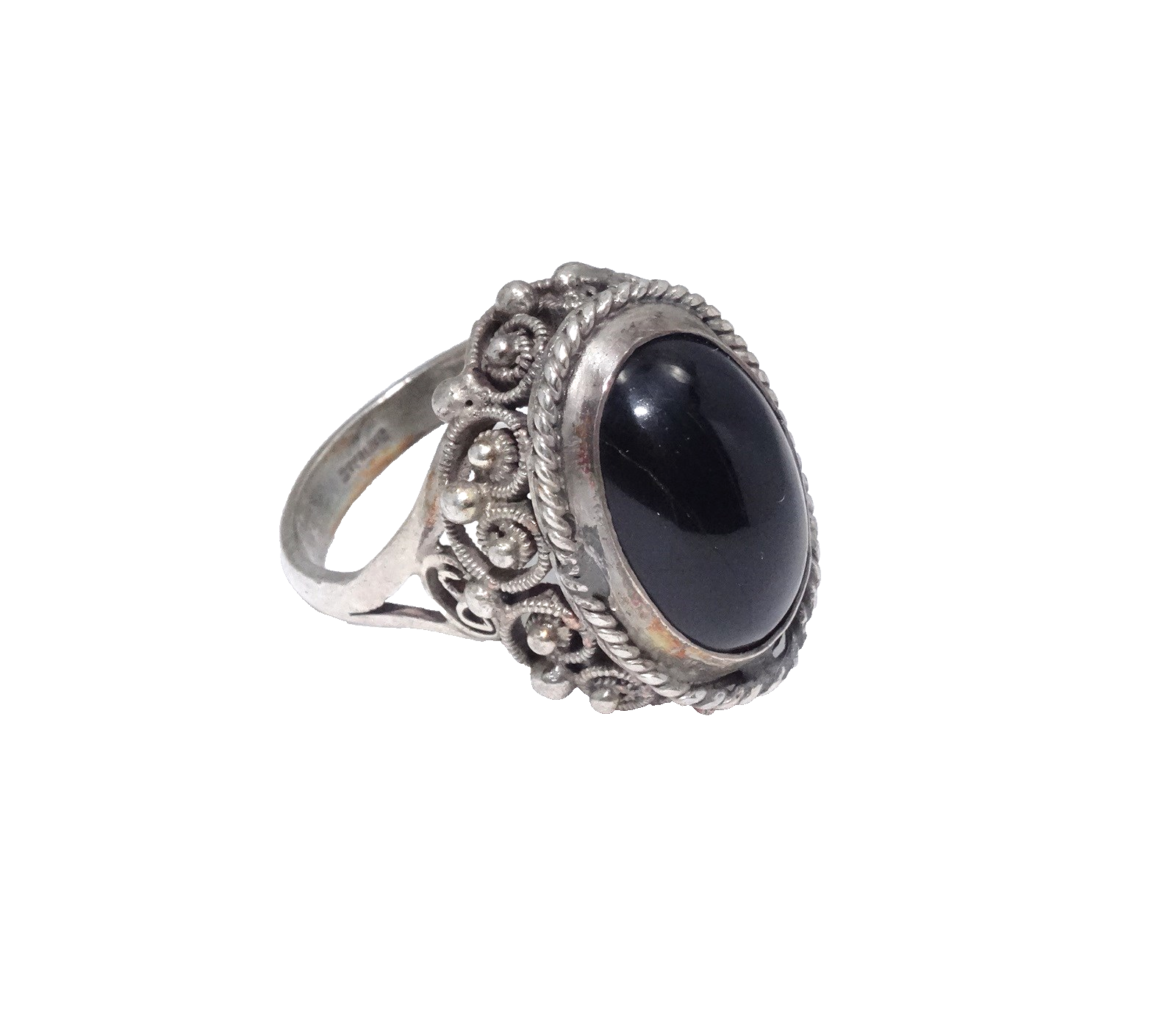 VINTAGE ELABORATE ONYX GEMSTONE STERLING RING * SIZE 6 / 6.3 g