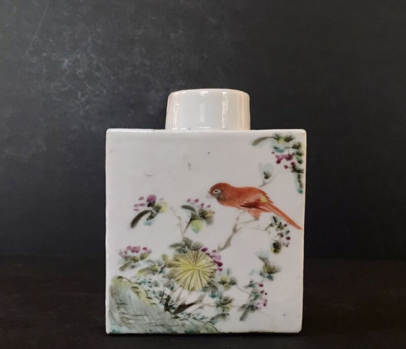 Antique Chinese Qianjiang Porcelain Tea Caddy Bird & Floral Decor Late Qing