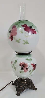 Rare 21'' Hand Painted Poppies Gone With The Wind Parlor Hurricane Lamp