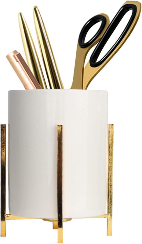 Cup Sturdy Metal Frame With White Ceramic Pen Holder For Des