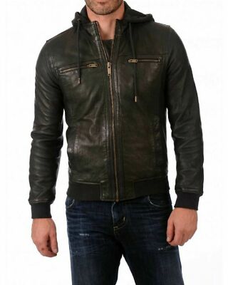 Zayn Men's Hooded Leather Jacket Black Biker 100% Lambskin