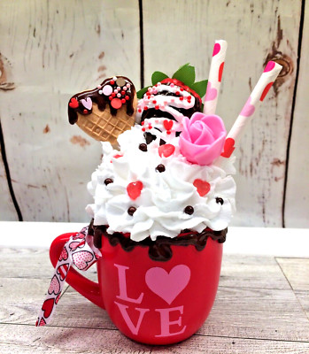 Valentine's Chocolate Dipped Strawberry  Mini Mug Fake Whipped Cream Tiered Tray