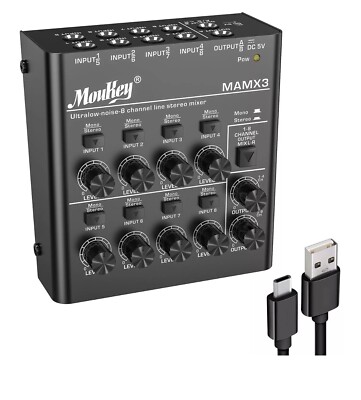 Moukey Audio Mixer Usb Dc 5V Ultra Low Noise Submixing Line Mixer 8ch Mamx3