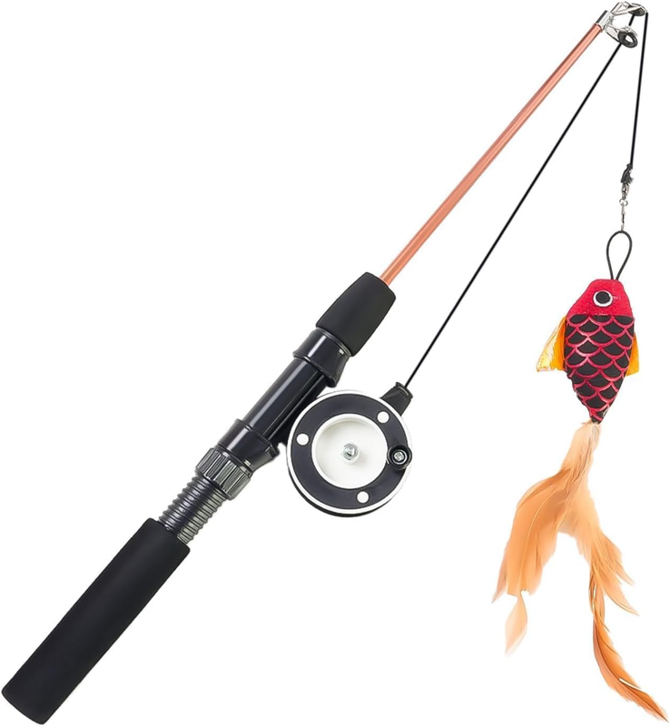 Interactive Cat Wand Toy Retractable Fishing Pole with Fish Feather for Indoor