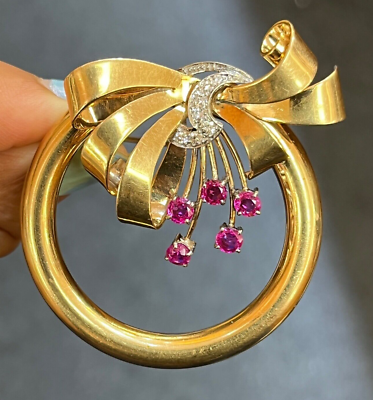 Vintage Bailey Banks Biddle 14K Gold Ruby and Diamond Circle Ribbon Brooch