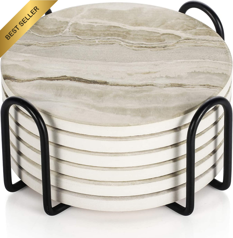 Drink Coasters with Holder, Absorbent Coaster Sets of 6, Marble Style Ceramic Dr