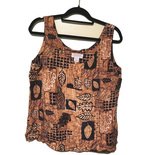 Vintage 80s 90s Express 100% Silk Brown Leaf Print Tank Top