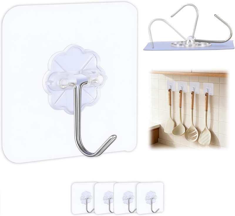 4Pcs,Adhesive Hooks for Hanging on Wall or Ceiling, Heavy Duty, Clear, Damage Fr