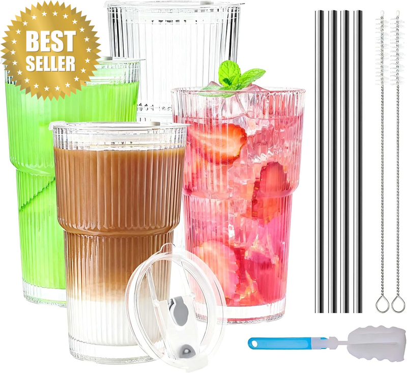 20Oz Glass Tumbler with Straw and Lid Ribbed Iced Coffee, 4 Pack | Reusable Cups