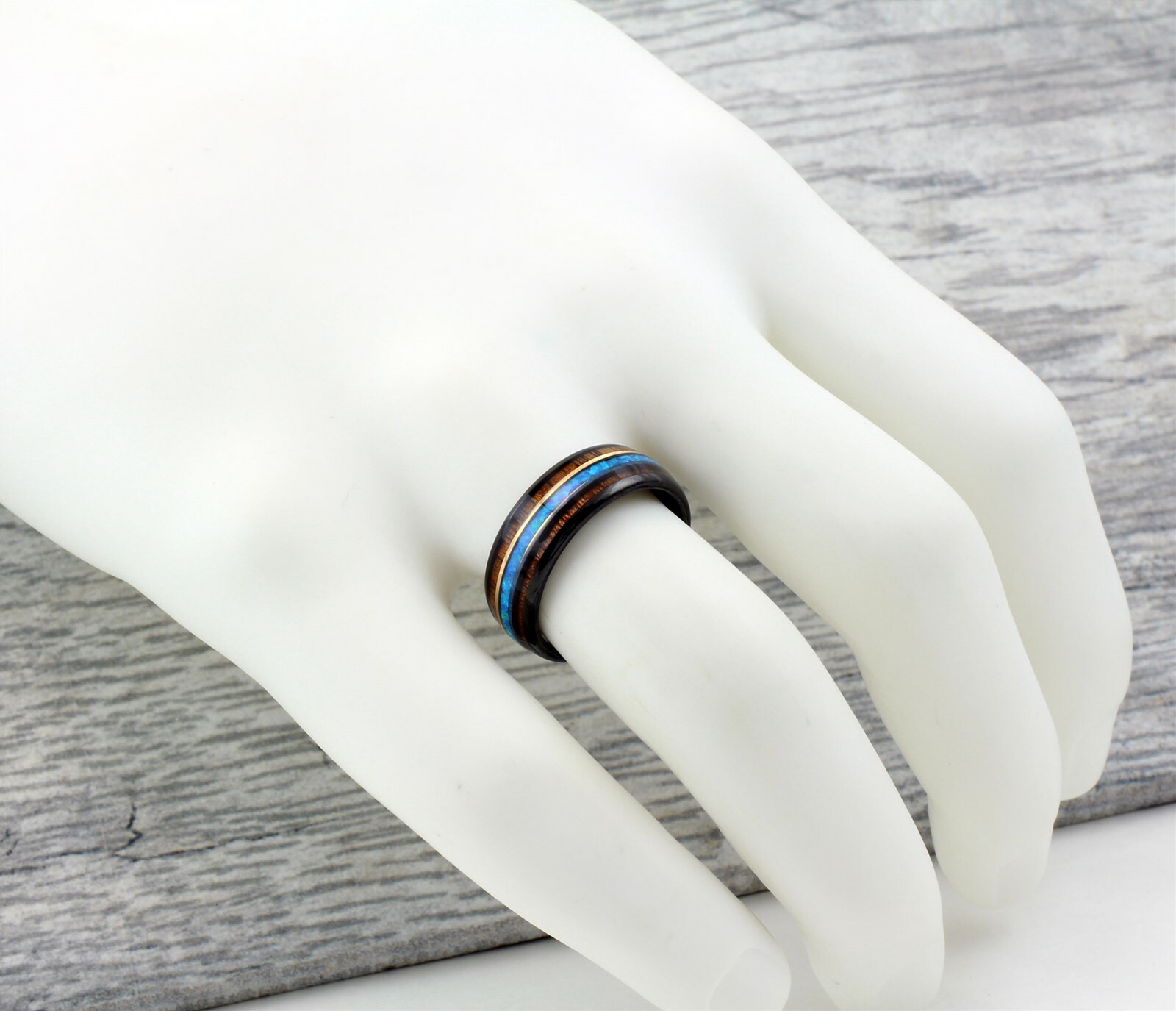 8mm Black Tungsten Koa Wood w/ Hawaiian Blue Opal Stripe Men's Wedding Band Ring