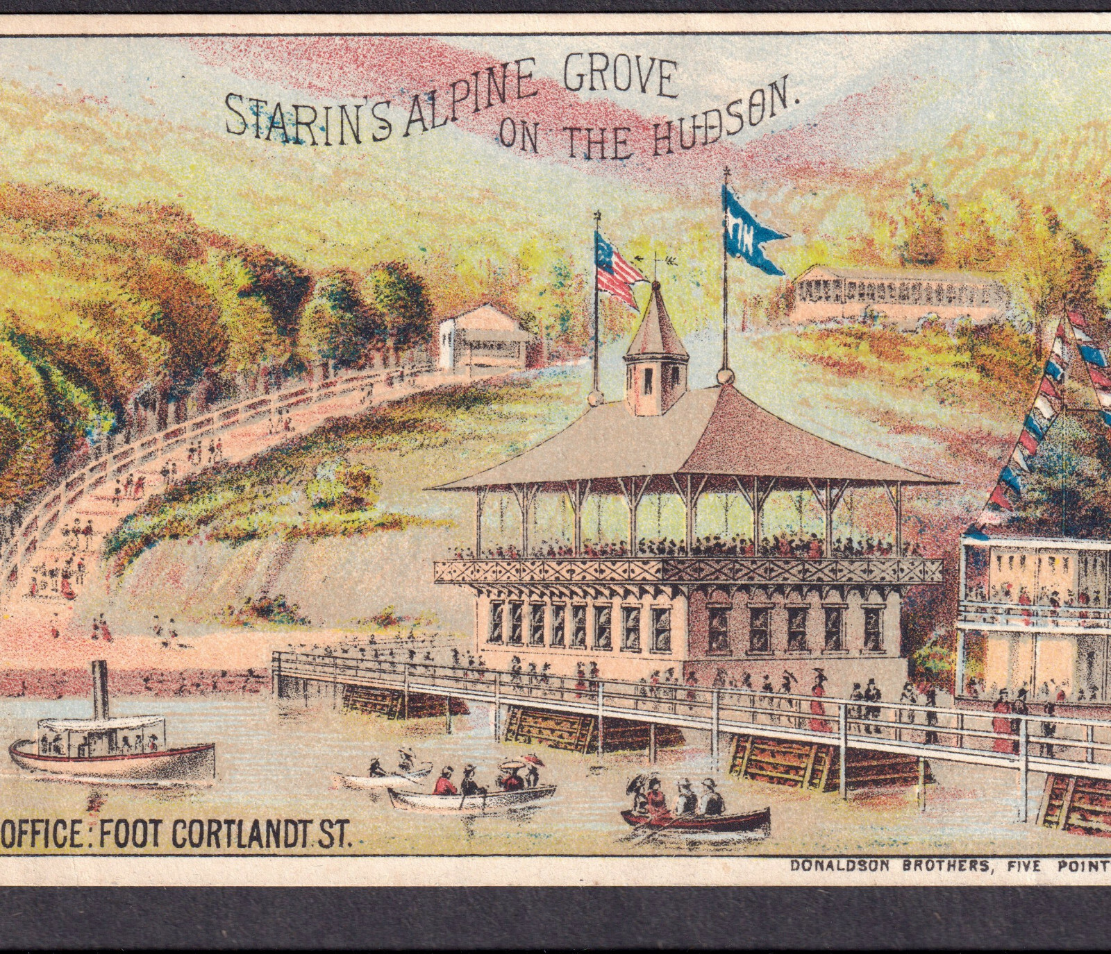 Starin Steamer Ship Glen Island 1880 Billiards Bowling Dancing Resort NY Ad Card